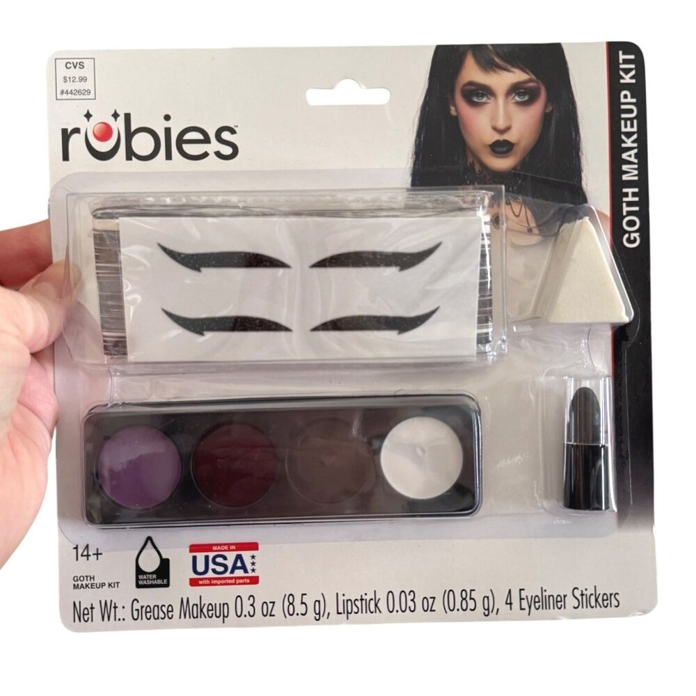 Rubies Goth Makeup Kit Grease Makeup Black Lipstick -Eyeliner Stickers